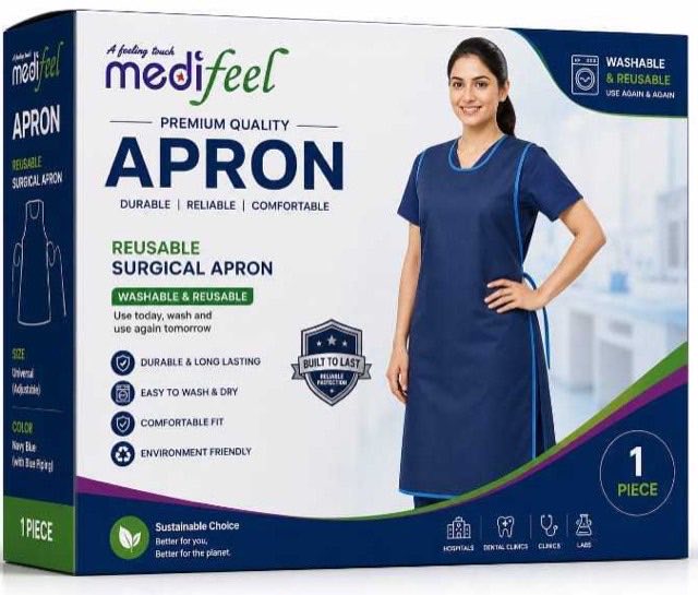 Medefeel reusable surgical apron box, navy blue apron with blue piping